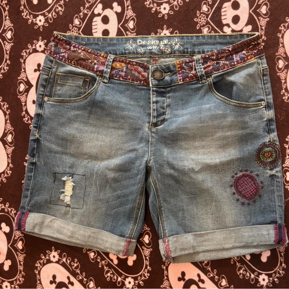 Desigual Embroidered Blue Jean Shorts